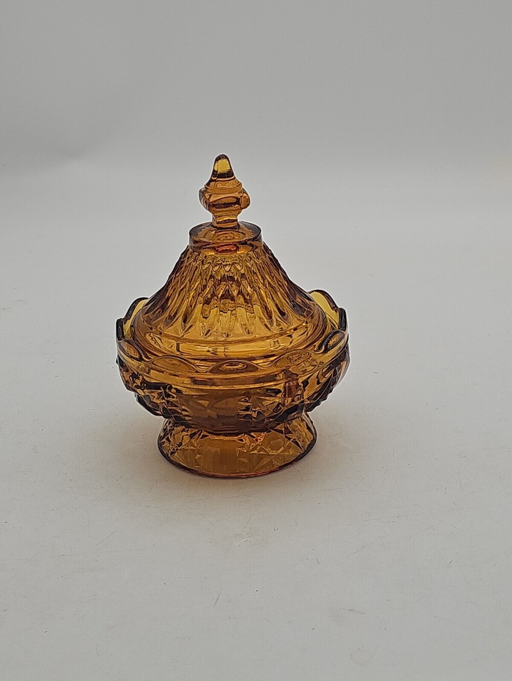 Vintage Fenton Amber Glass Fine Cut and Block Covered Candy Dish Lidded Pedestal